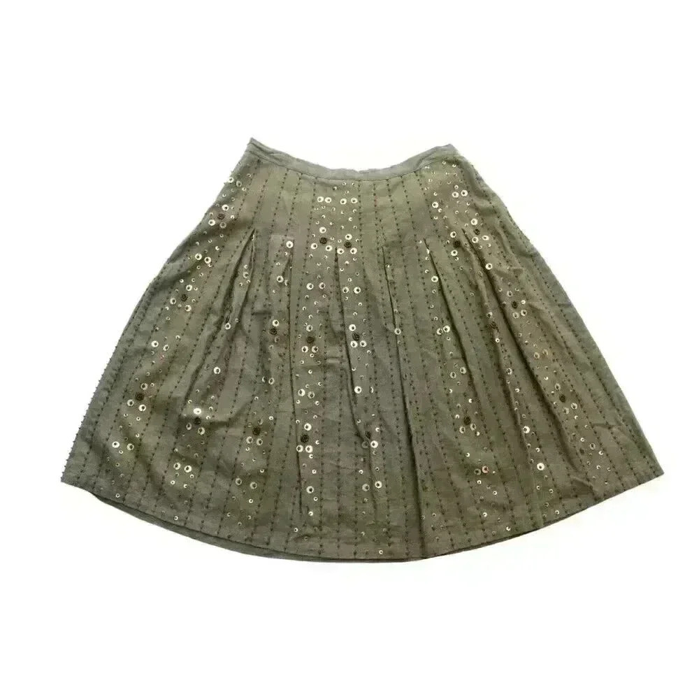 Carole Little Women's Size 8 Olive Green Linen Beaded Sequin Pleated Skirt Boho